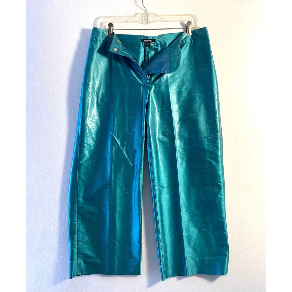 Emanuel Emanuel Ungaro Teal Blue Metallic Shantung Wide Leg Cropped Pants Size 8